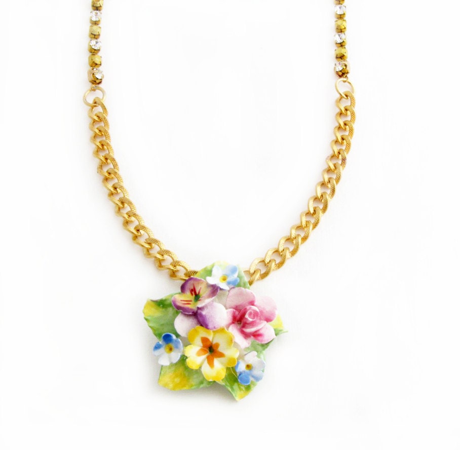 Flower Garden Necklace Vintage Flower Pin Flower Necklace Rhinestone Chain Gold Chain Bride Necklace Flower Statement - Garden Party