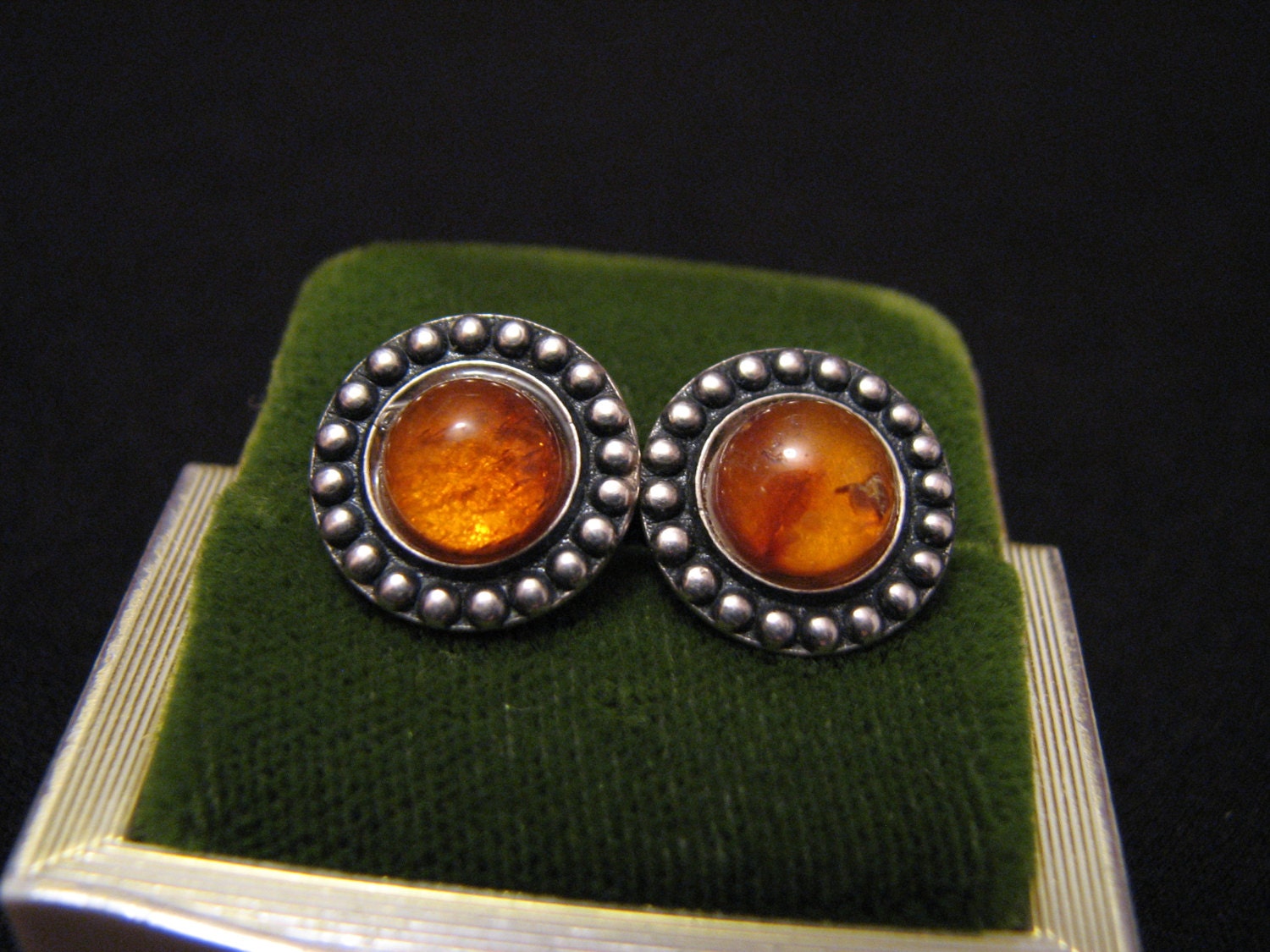 Vintage Western Sterling Silver Orange Baltic Amber Round Pierced Earrings