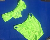 Vintage 90's Neon Lime Green Strapless Bikini French Cut With Fringe Size Small 32-34 By Barefoot Miss Of California Made In The USA