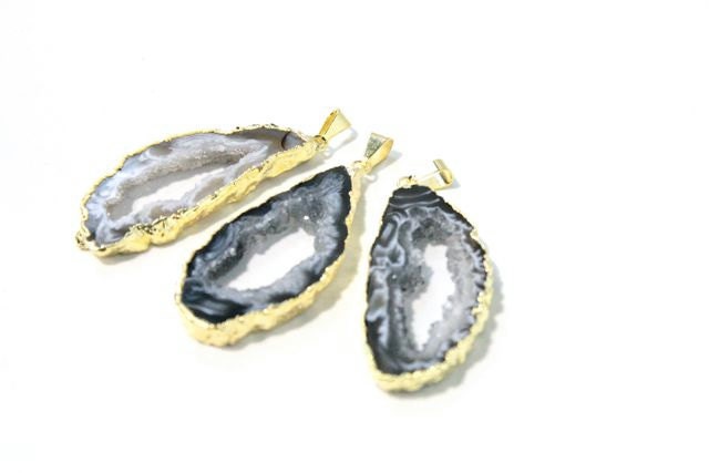 Geodes - THREE Medium Agate Gemstone Pendants - Geode Slice Necklace - Druzy Crystal Gold Pendant - G0006