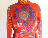 1960s Psychedelic Dress Floral Print Blood Orange Ruffle Maxi Dress M Mollie Parnis