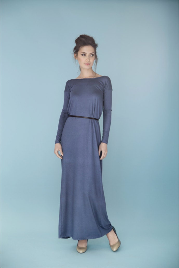 LeMuse long greyish Blue open back cotton dress