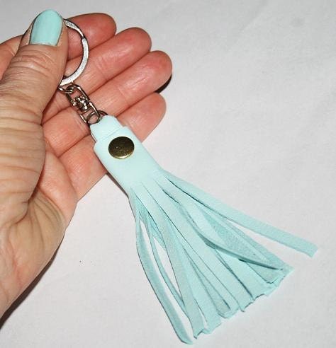 Mint Blue Leather Tassel Keychain, Mint Leather Handmade Key Ring, Bag Charm, Accessorie for Bags, Handmade Leather Tassel Keychain