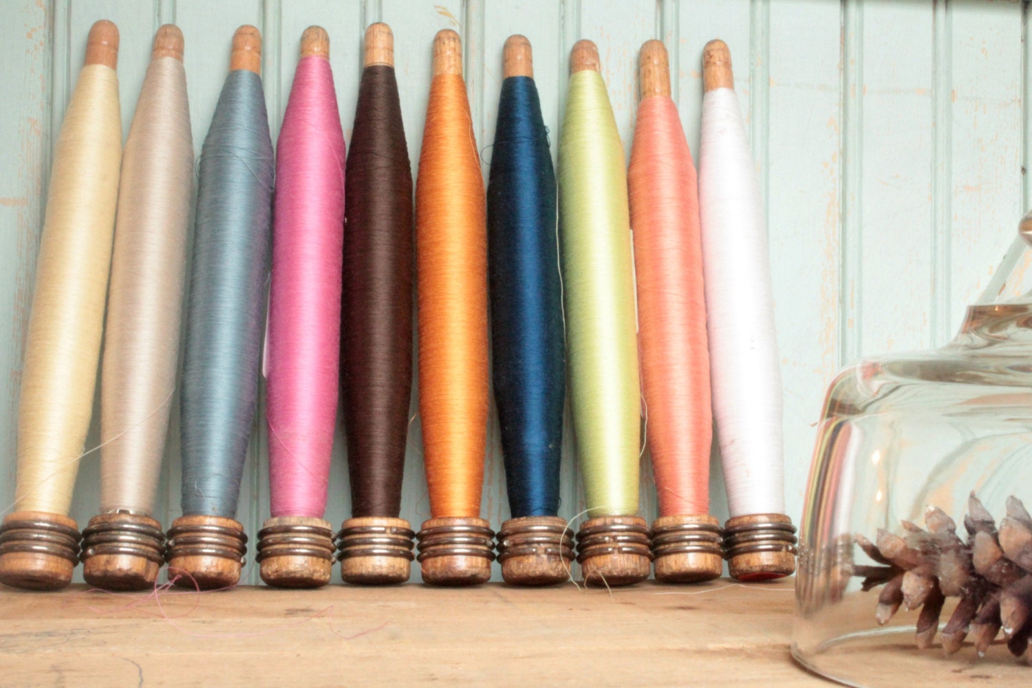 Vintage Silk Bobbin - You Pick Color -  Industrial Wooden Spool with Fine Embroidery Thread in Neutral Colors of Brown Black Cream White