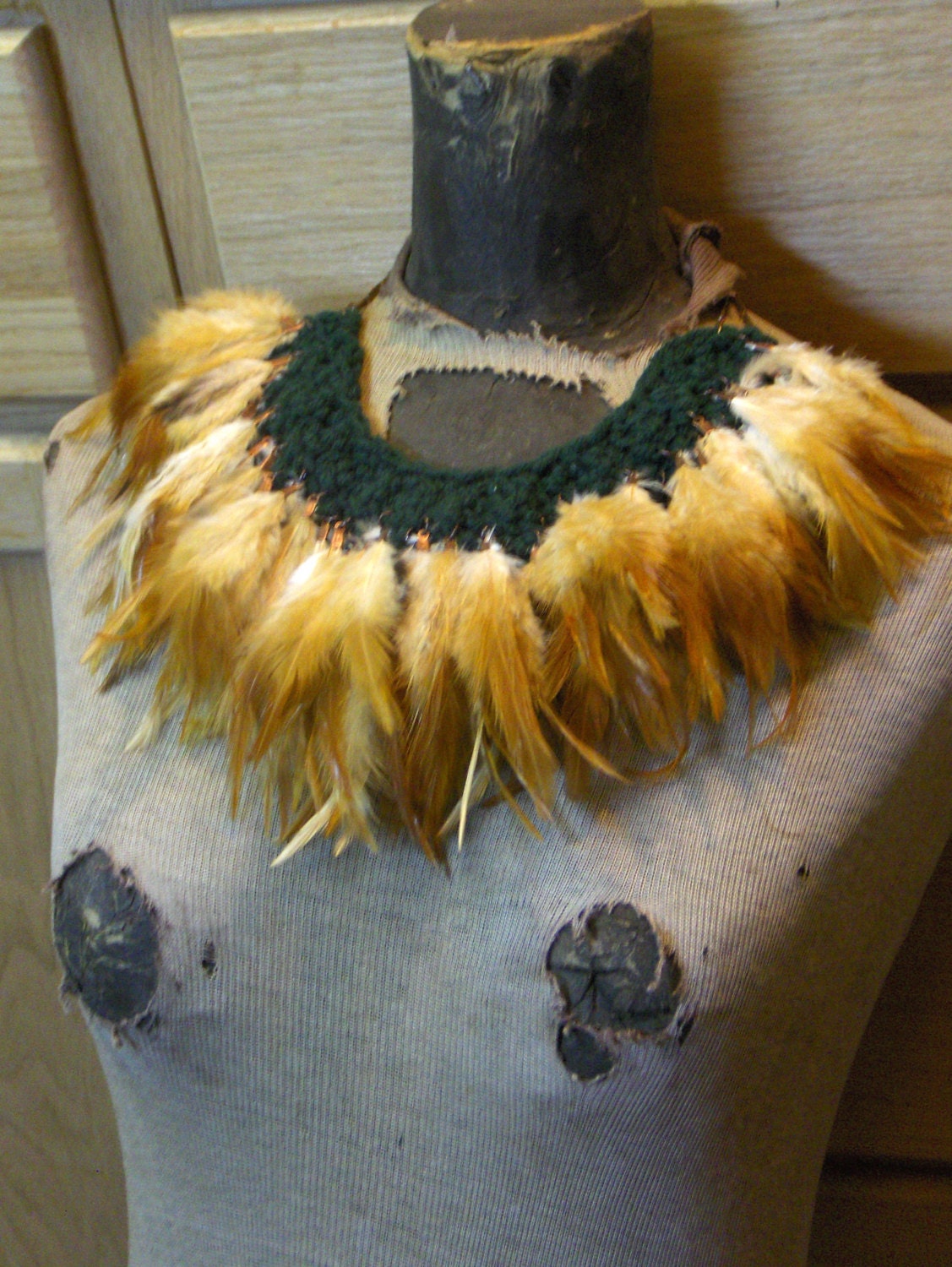 TAKE FLIGHT: Forest Edition. Golden Bronze Schlappen Feather Plumage and crocheted forest green yarn Statement ooak Bib necklace.