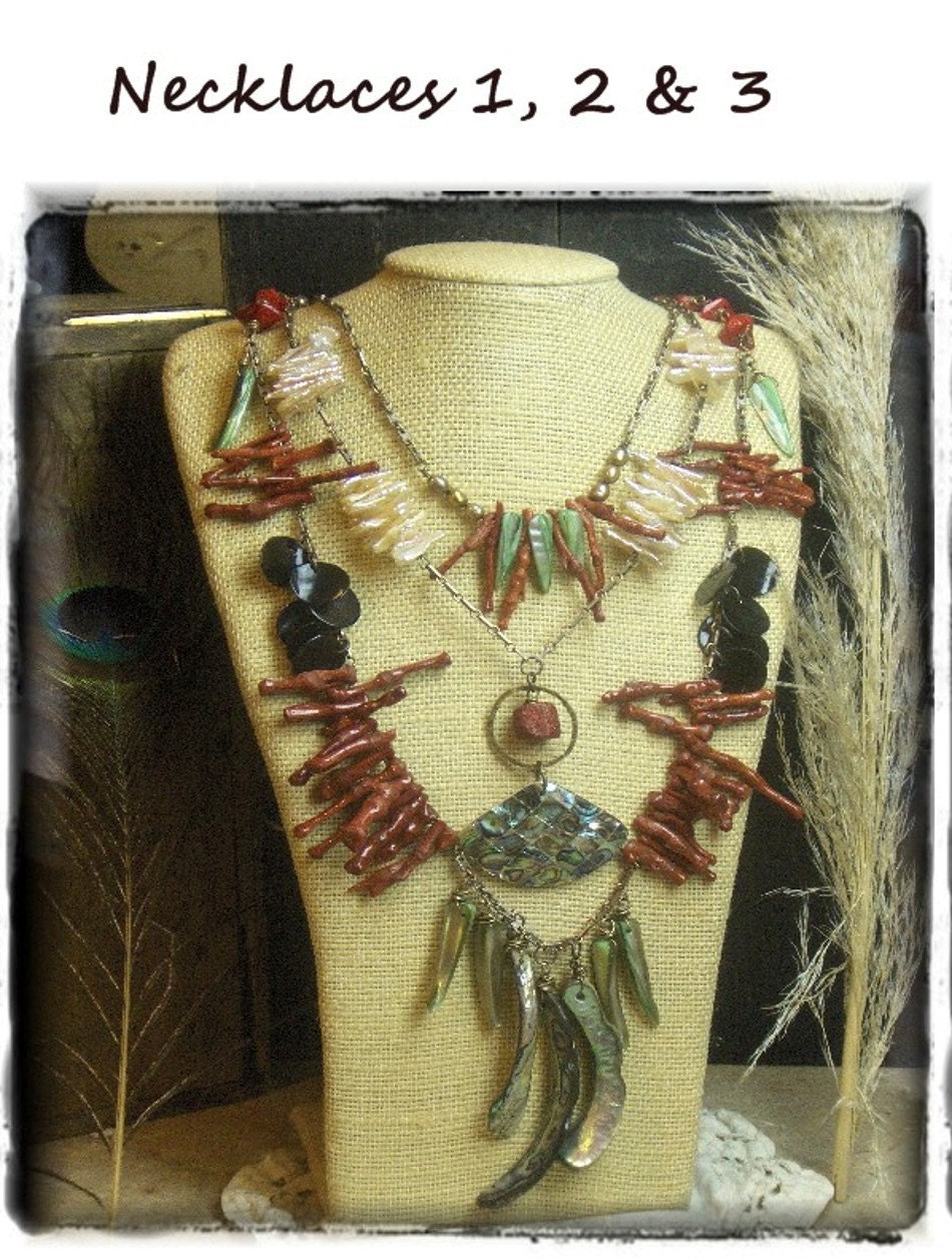 CALYPSO. Wild & Untamed, Refined / Opulent. Neck Art ensemble. Coral branches, Biwa, Freshwater Pearl, Abalone gypsy talisman FREE shipping