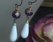 DEADLY NIGHTSHADE. Purple Crystal  Blooms and Victorian White drop earrings