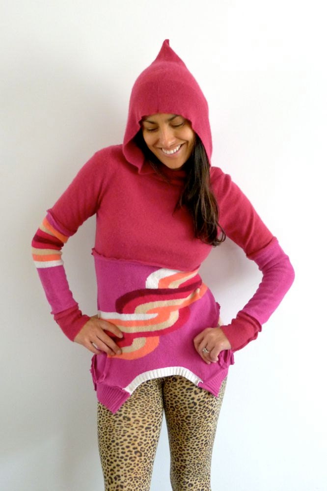 Fuchsia Pink & Striped Pattern Upcycled Hoody Sweater                Made in England UK