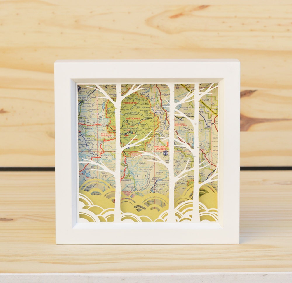 birches . 5 x 5 . cut paper shadow box . birch trees, forest, california vintage map
