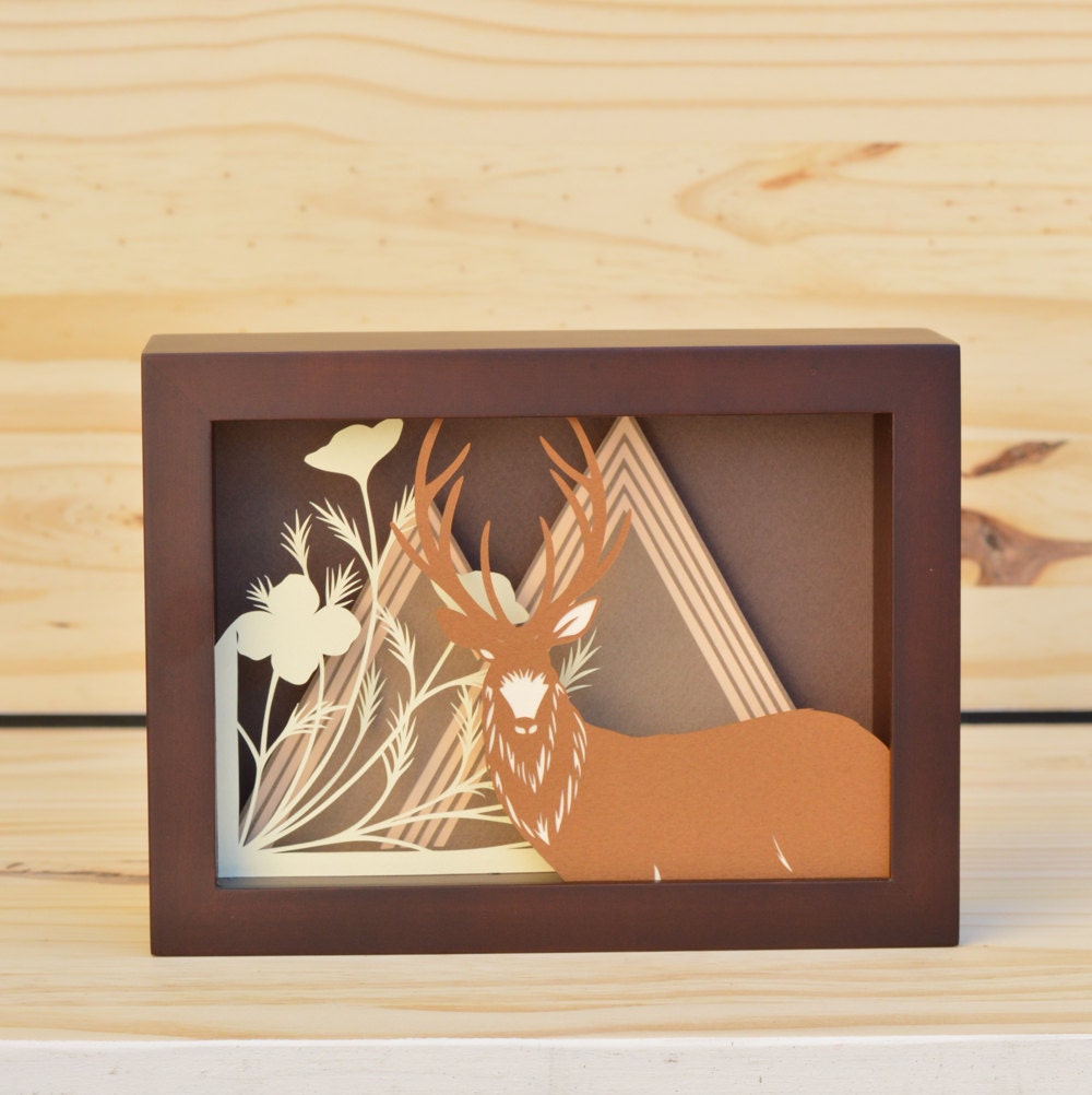 stag and mountain range . 5 x 7 . cut paper shadow box . stag, poppies, mountians
