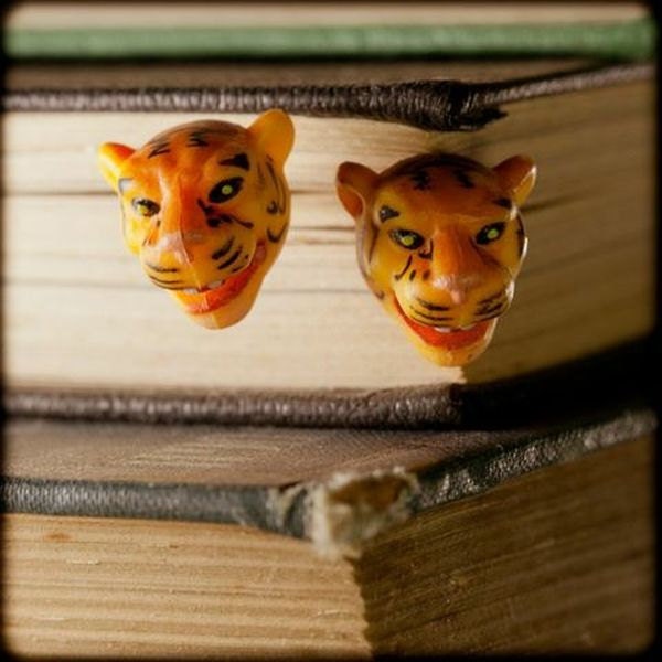 Earrings - Vintage Plastic Tiger Heads - Posts - Limited Pairs