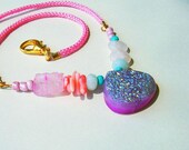HALF PRICE - Only One - Short Necklace - Dusty Metallic Pink Druzy Briolette with Light Pink Cord