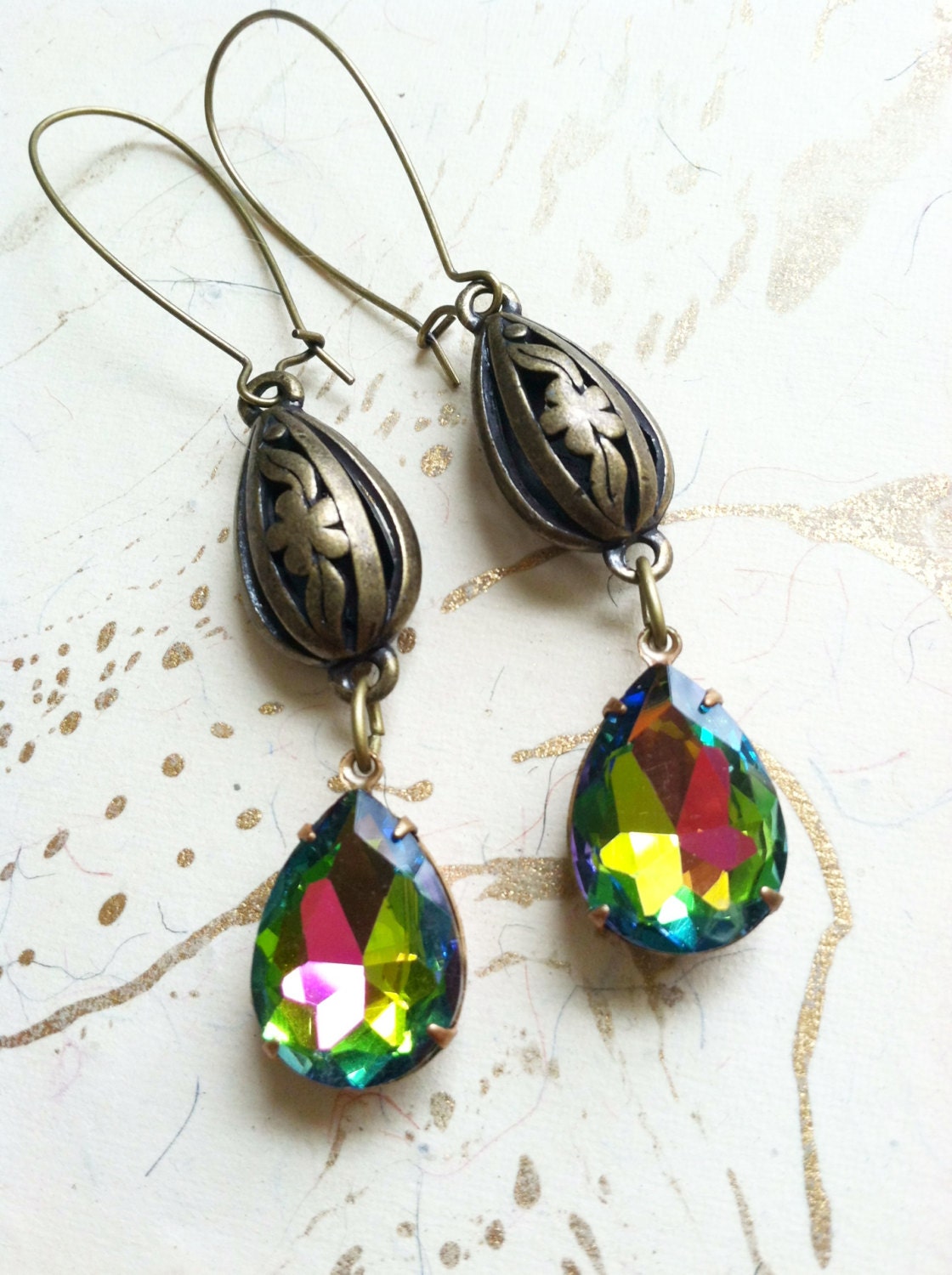 Vintage Rhinestone Earrings Antiqued Bronze Vitrail by MinouBazaar