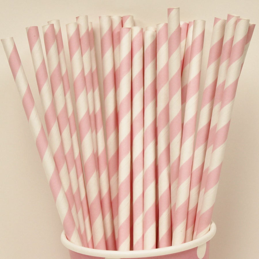 Pastel Paper Straws, PRECIOUS PINK Striped Paper Drinking Straws with Diy Flag, ( 25 ct. ) Baby Girls Birthday,Pastel Pink Straws