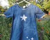 Girls Dress: Cobalt Blue with Batik Crescent Moon and Stars, Short Sleeves (4T) READY TO SHIP