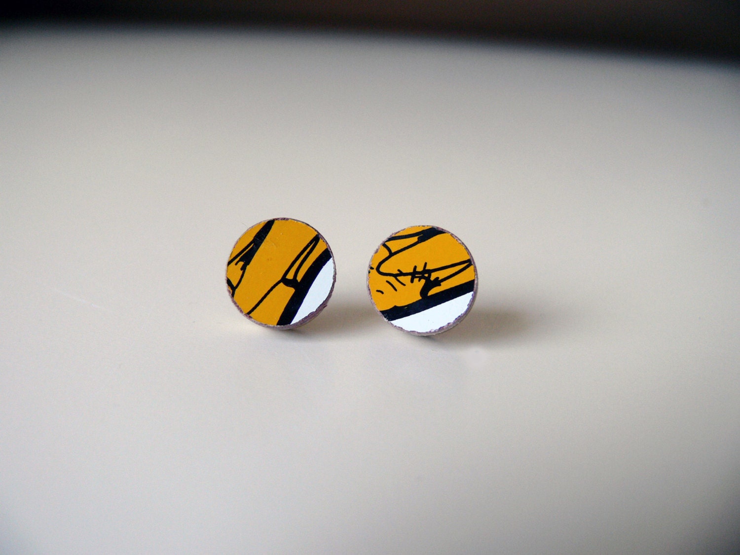 Recycled Skateboard Small Wood Stud Post Earrings Yellow, Black and White Graphic Lines