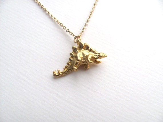 Gold dinosaur charm, 18k gold plated stegosaurus necklace on 14k gold plate chain