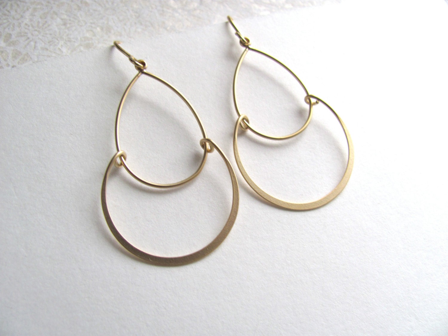 Delicate satin gold chandelier earrings, matte finish, circles, teardrops