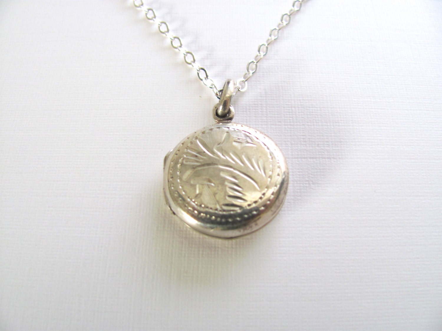 Sterling silver petite round vintage photo locket, engraved on silver chain, small antique locket