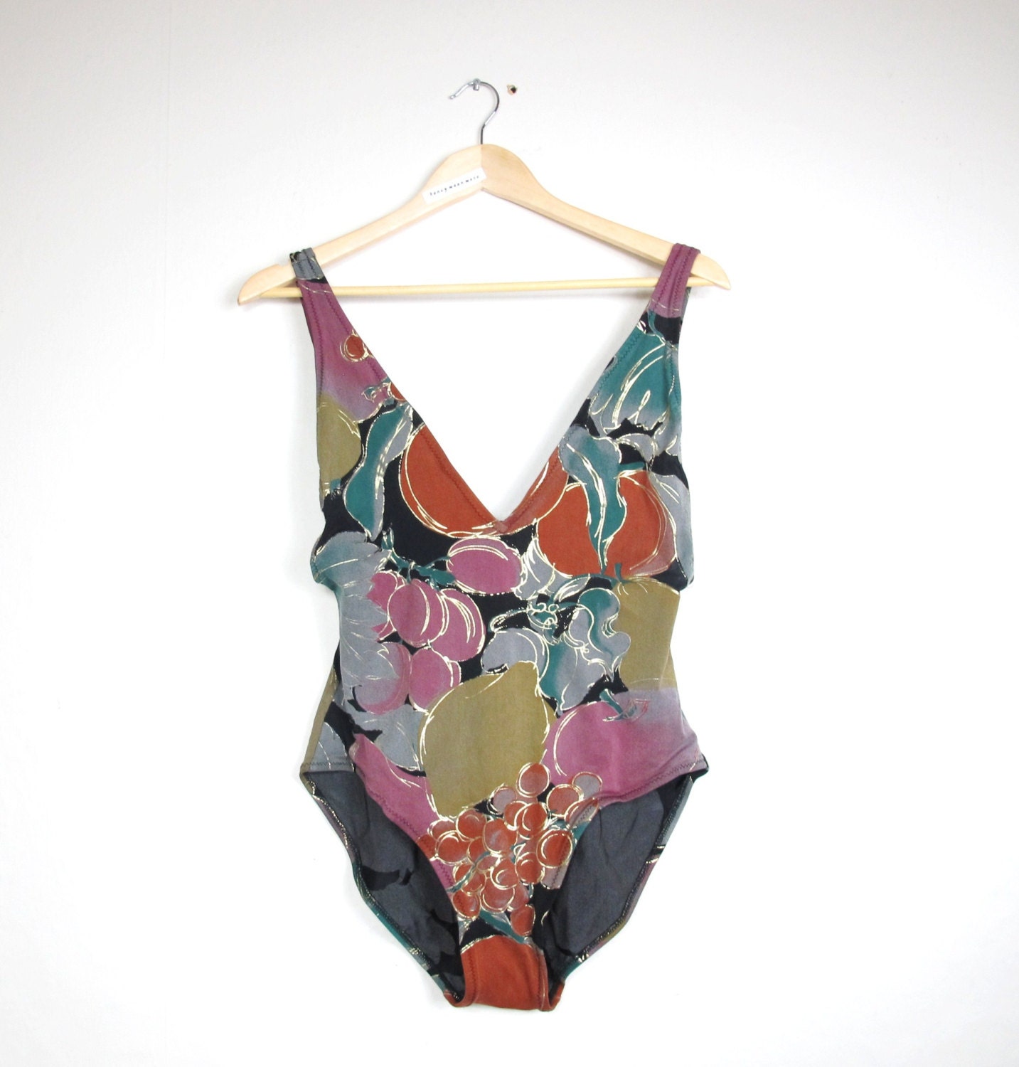 80s Artsy Gold Fruit Print Low Cut Swimsuit (M/L)