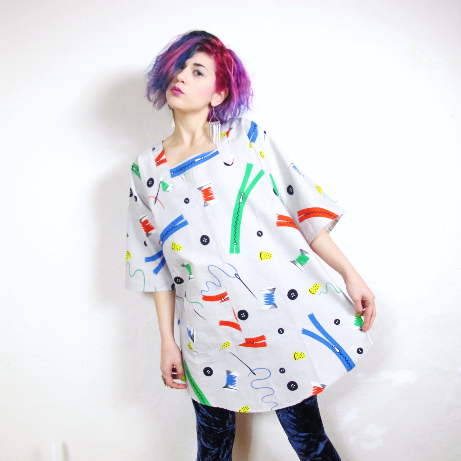 80s Novelty Sewing Zipper Print Craft Art Smock Tunic (M/L)