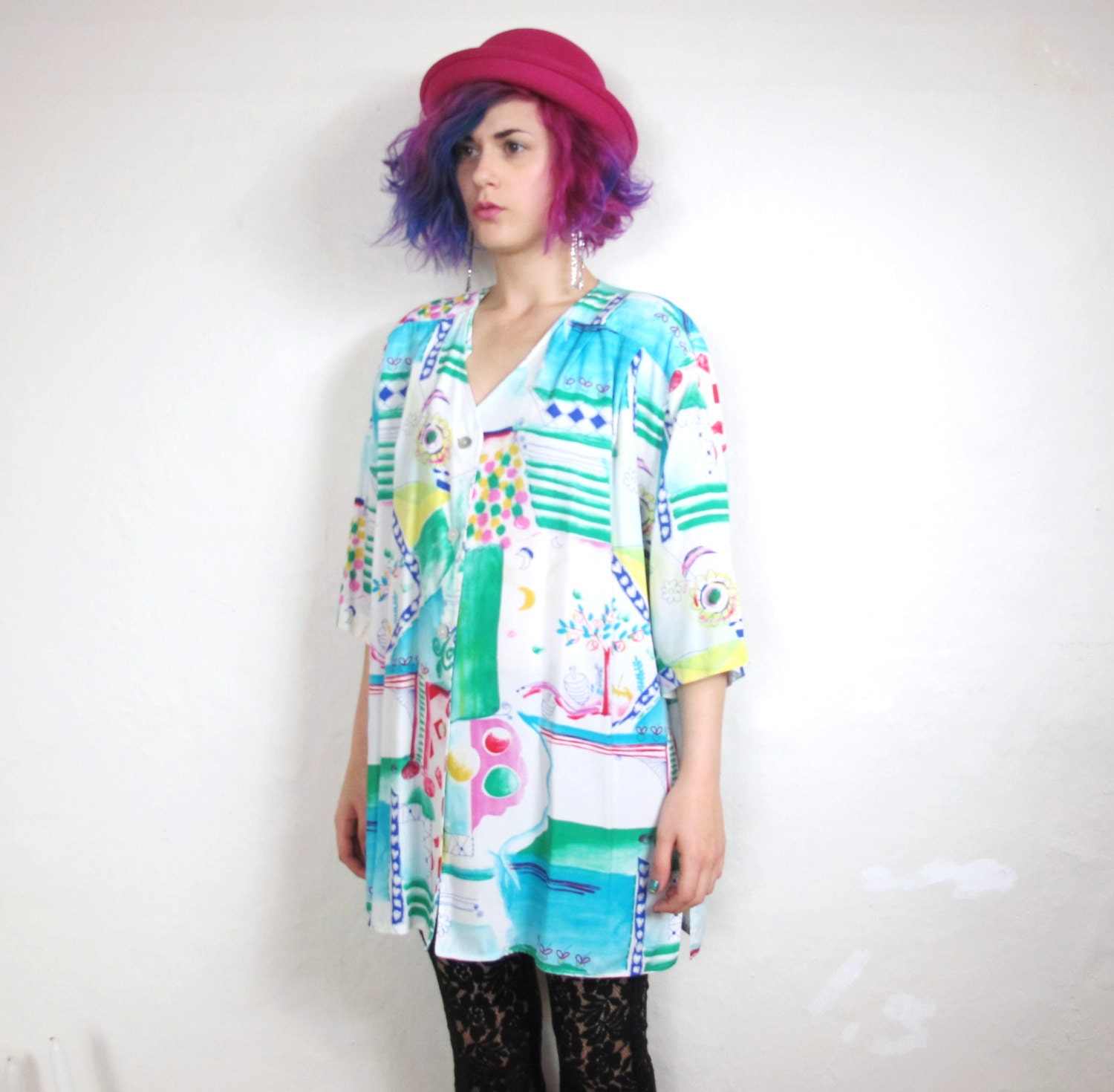 80s Abstract Painterly Colorful Print Hearts and Moons Summer Shirt (L/XL)