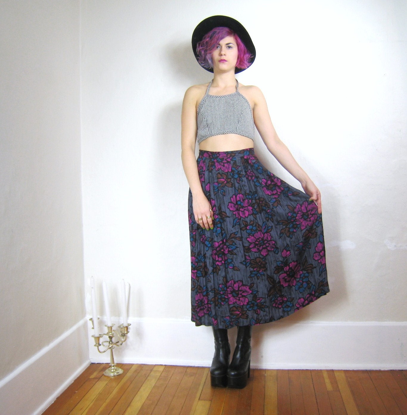 80s Floral Print Rayon Pleated Full Skirt With Pockets (L/XL)