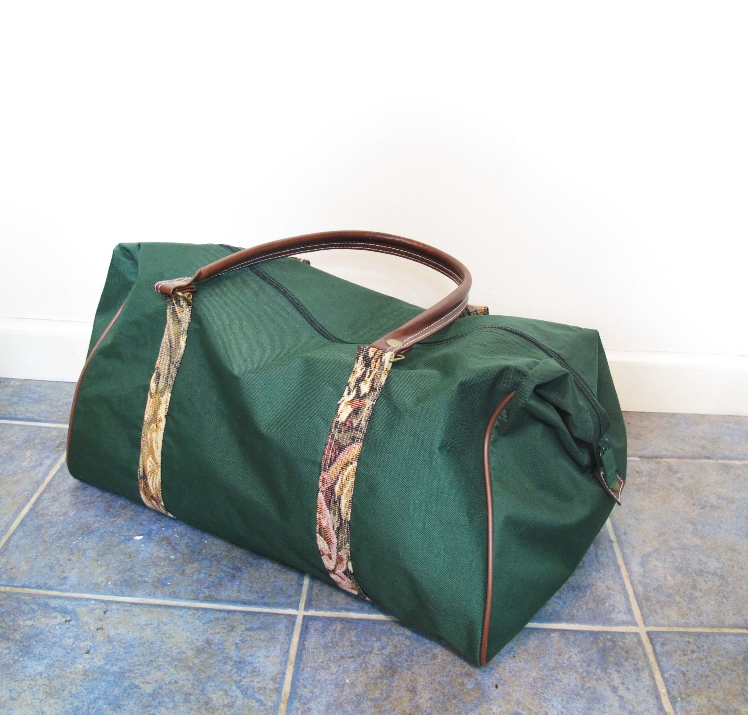 80s 90s Green Tapestry Weekender Bag Carry-on Luggage