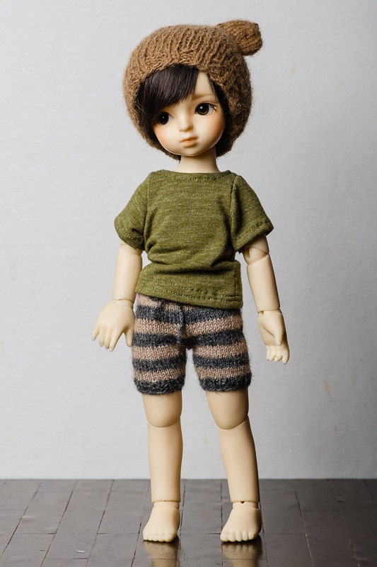 Bjd YoSD sized Striped Shorts in Heather Gray and Light Fawn, Alpaca and Silk, Ready to Ship