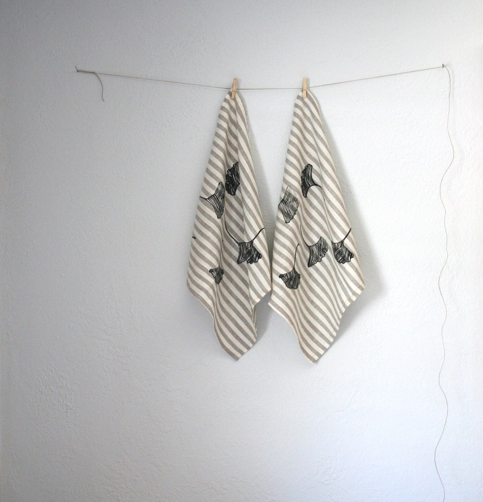 Handmade Linen Napkin. Striped Natural. Ginkgo leaf pattern. Black. Handmade. Eco Friendly. Printed by hand. Set of TWO.