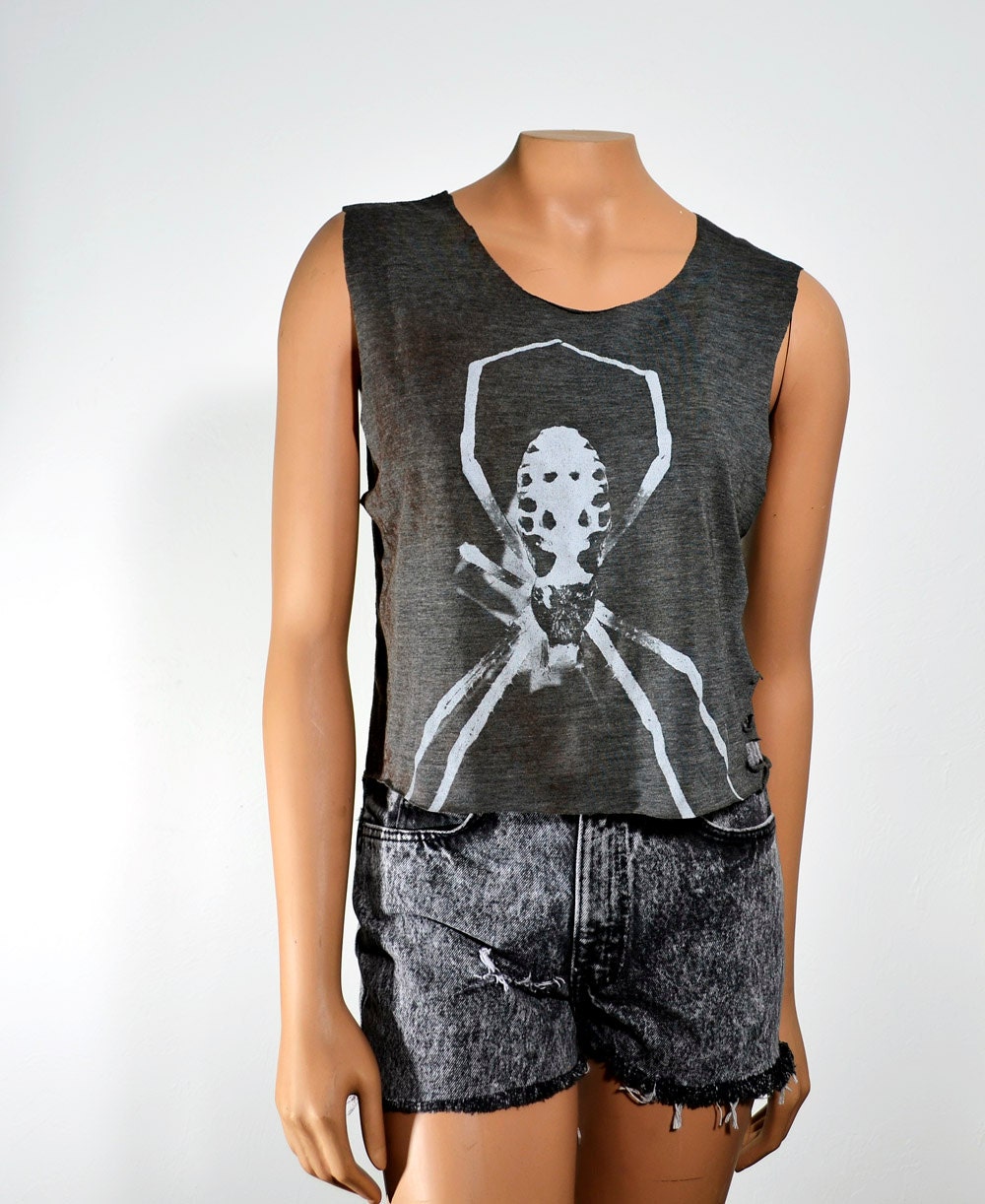 sale Grunge Grey Spider Grey Sleveless T Shirt Hand Dyed Bleached Women's Loose Fit Small