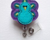 Blue and Purple Peacock - Retractable ID Felt Badge Holder - ID Badge Holder - RN Badge - Nurse Badge Holder - Nursing Badge Clip