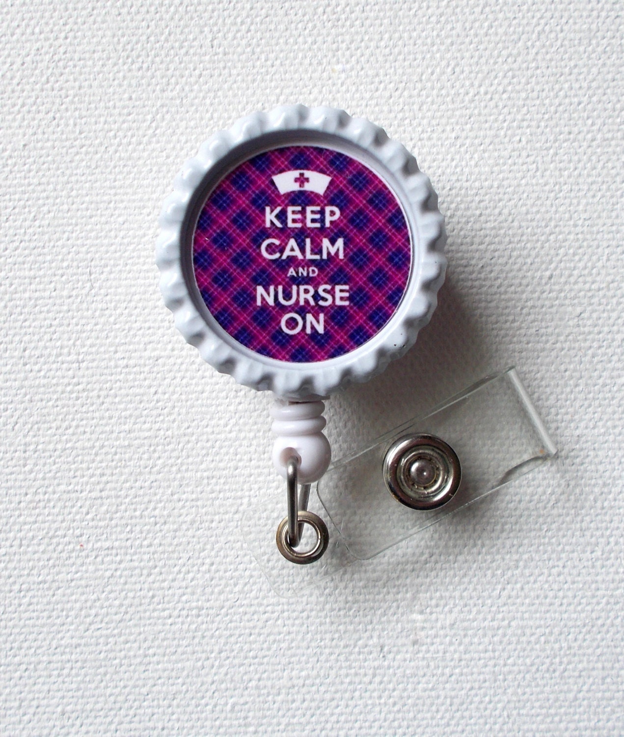 Keep Calm and Nurse On - Tartan Purple - Retractable ID Badge Holder - Nursing Badge Reel - Nurses Badge Holder - Nurse ID Badge Clip