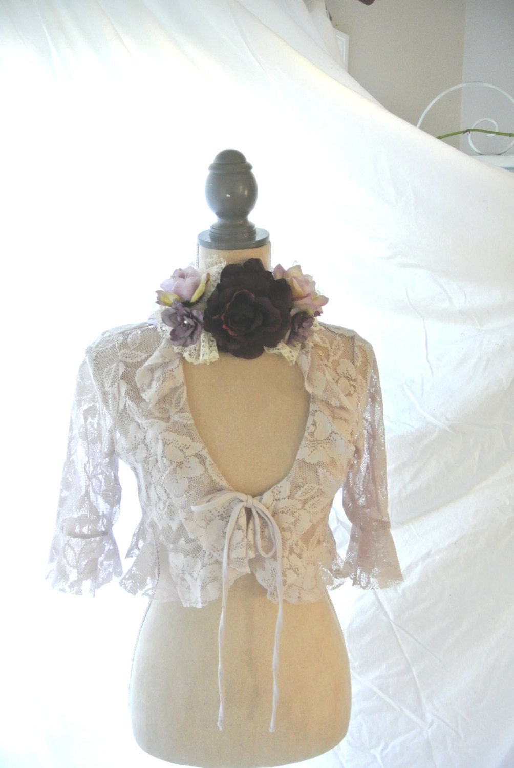 Lace shrug, boho top, shabby lilac capelet, lagenlook, women's altered clothing, romantic country chic, true rebel clothing M