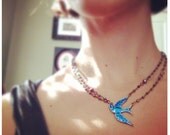 Blue Bird enamel choker, Blue swallow necklace, Vintage Love Token necklace, Pyrite double strand bluebird, sterling silver, Sialia