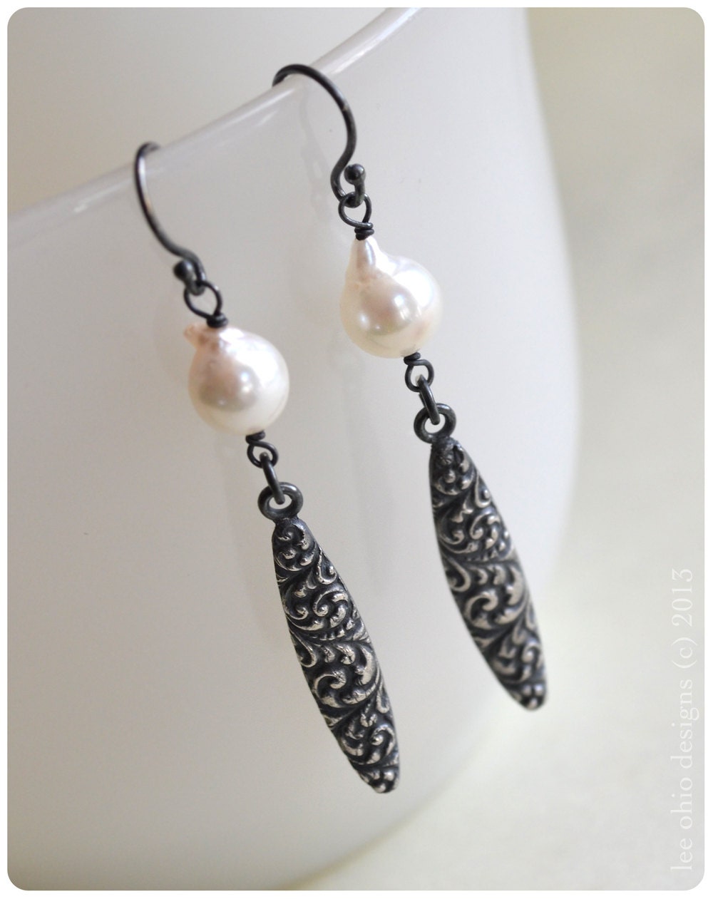 RESERVED Baroque pearl earrings, Vintage black patina scroll, White Akoya pearl, fine silver wedding earrings, Ampersand