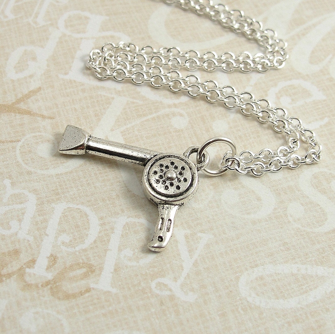 Hair Dryer Necklace, Silver Hair Stylist, Hairdryer Charm on a Silver Cable Chain