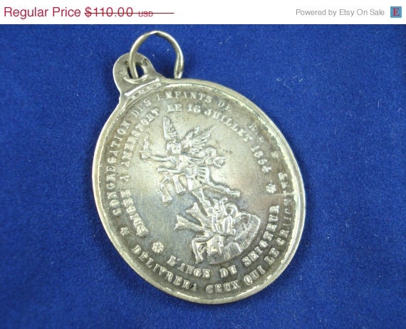 On Sale 25% Off Antique French Silver Saint Michael - Our Lady of Grace Catholic Medal - Scapular Medal dated 1854 - QQ61