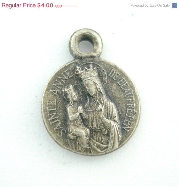 On Sale 25% Off Antique French Sainte Anne de Beaupre Catholic Medal - Silver Saint Charm MM59
