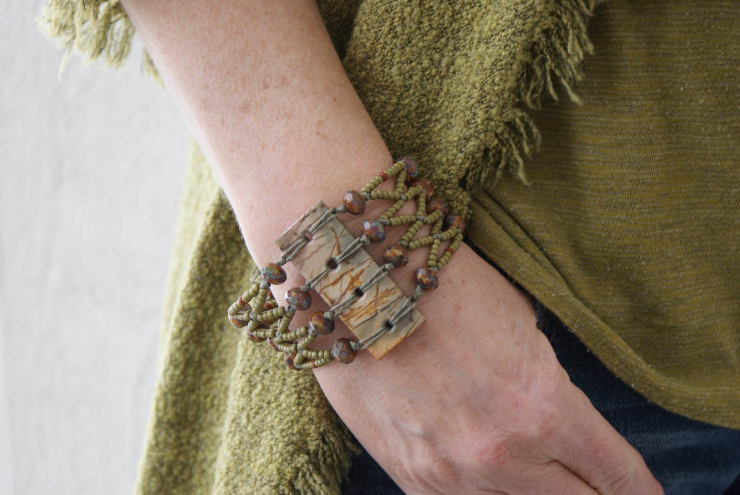 Green Red Creek Jasper Bracelet - Artisan - Beadweaving - Modern Bohemian Jewelry by YaY Jewelry