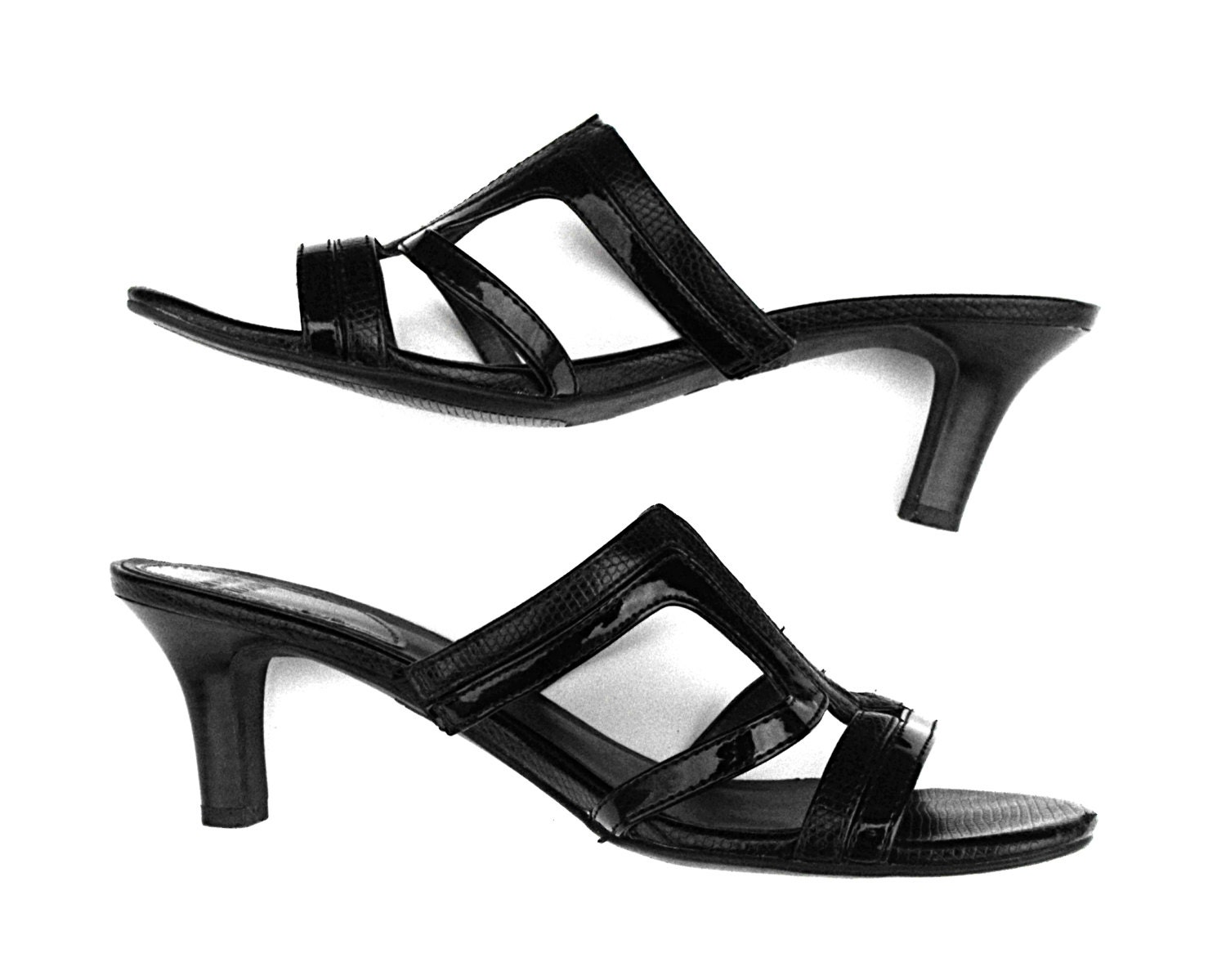 1980's Black Python Pumps Retro Sexy Cage Snakeskin T-Strap Cut Out Jet Open Toe Erotic Goth Punk Bondage Mootsies Tootsies Sandal Stilettos