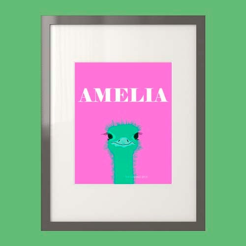 Personalized Ostrich Art Print in Pink, Yellow, or Purple - 8 x 10 or 5 x 7