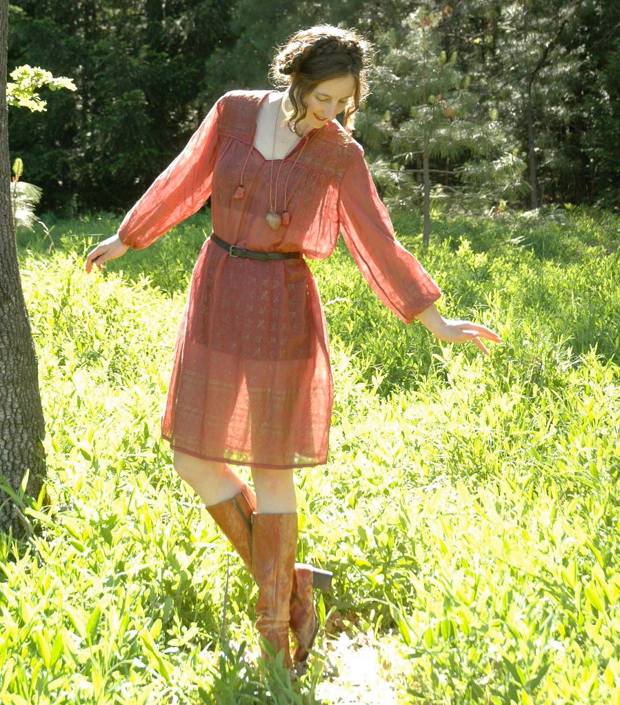 R E S E R V E D....... sold............1970s Indian Dress... Lightest Gauze Cotton... Gold Stamped... THE Golden TEMPLE (free size)