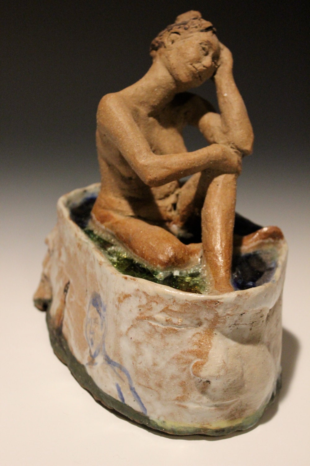 Ceramic Nude Figurine Sculpture Bather Surreal Narrative Art with Pool of Glass, Landscape PaintingDay Dream Goddess Figure