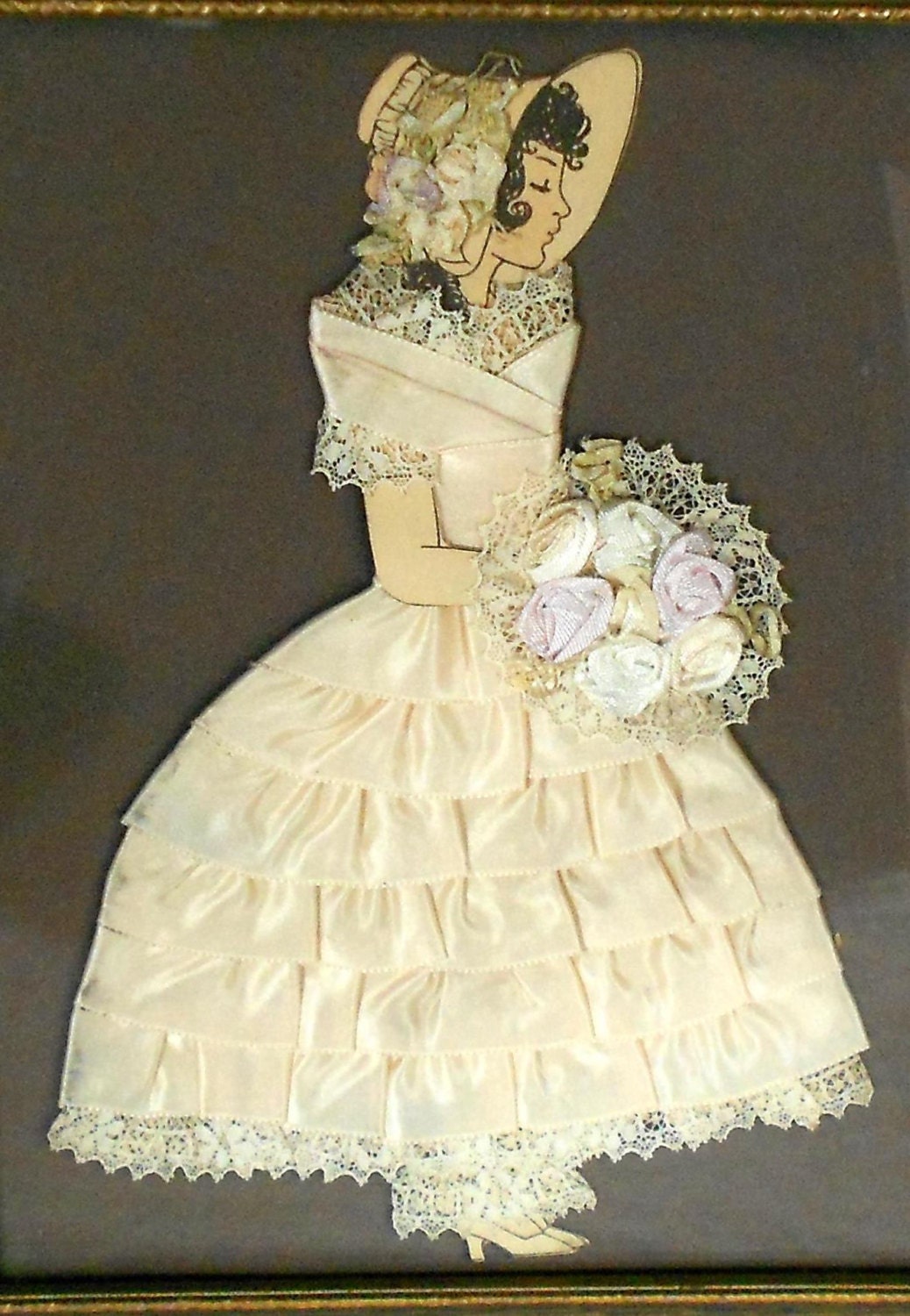 Antique Vintage Silk Satin Ribbon Rosette Lace Paper Doll Lady Silhouette Framed Boudoir Floral Art Picture