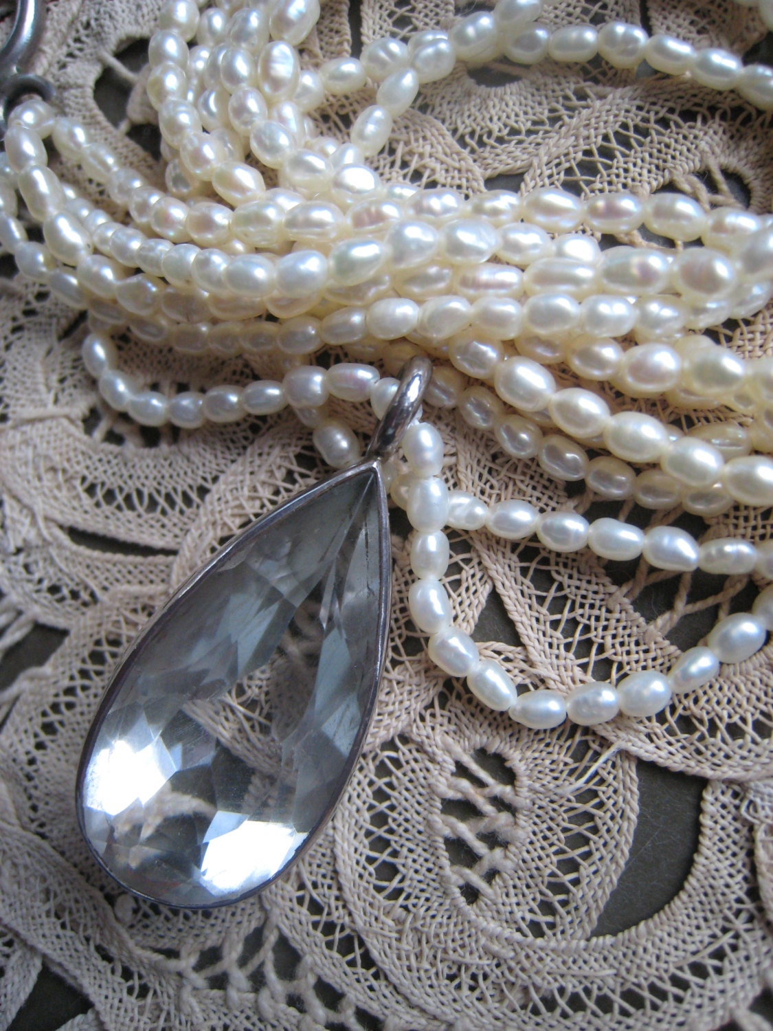 Vintage Four Strand Pearl Necklace Quartz Pendant Sterling Bezel