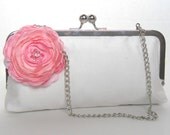 Brides Wedding clutch in white silk, pink fabric flower pin, wedding day brides purse, pink wedding, evening bag
