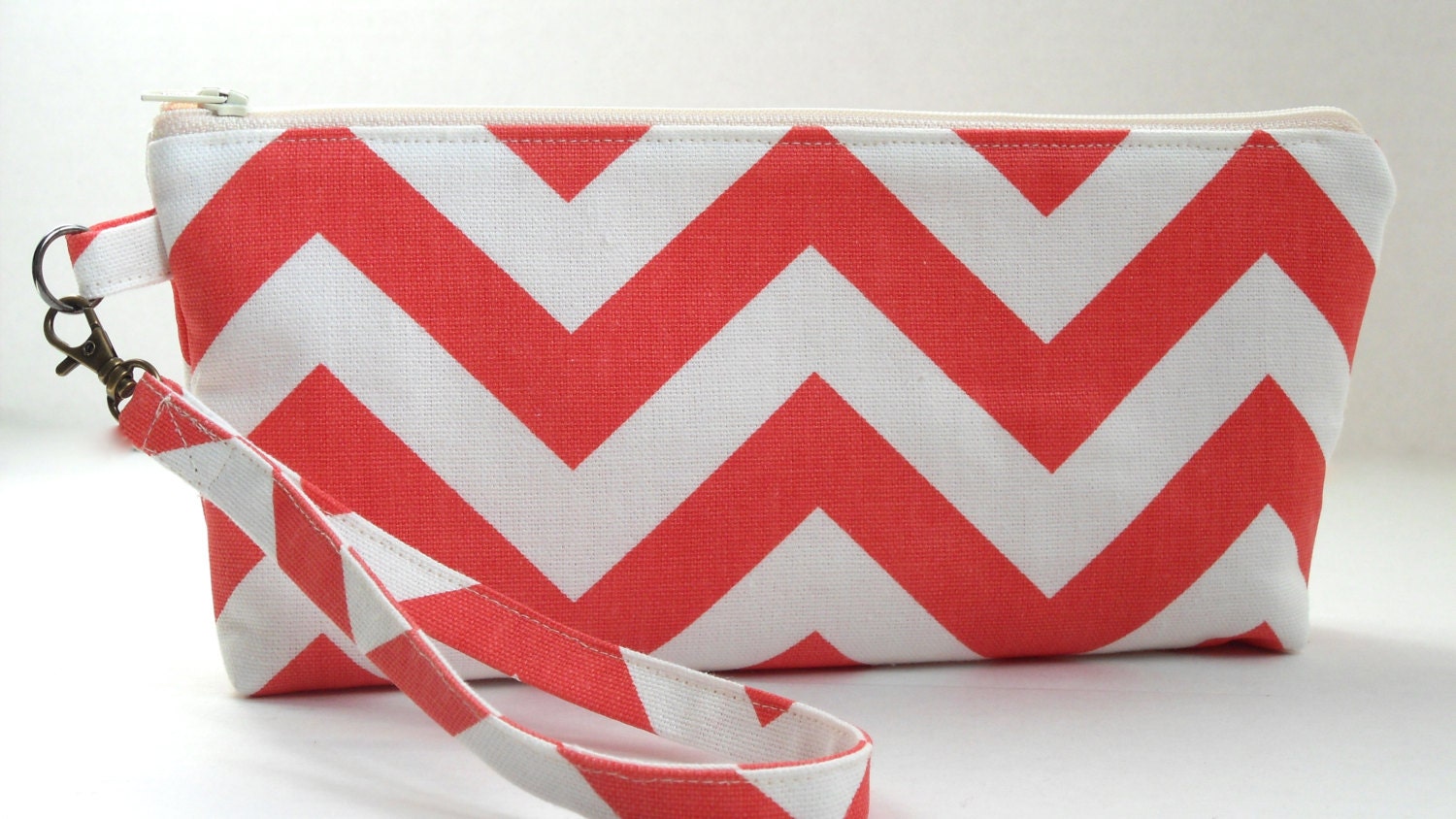 Wristlet clutch, bridesmaids gifts, coral chevron stripe , guava wedding