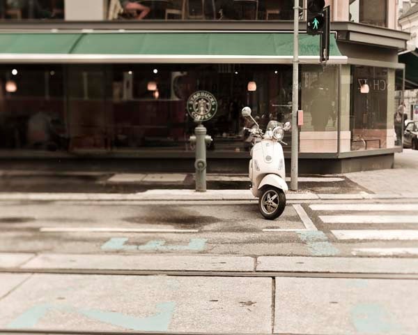Vespa in Vienna, Travel Photography, Green, beige, European, Retro Modern wall decor, Starbucks, 5x7 print