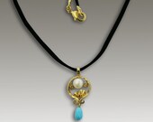 24k plated gold with fresh water pearl and turquoise stone on a black leather string. - Make A Wish